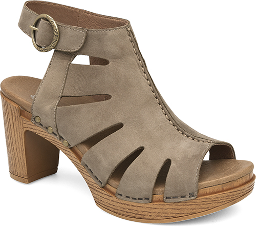 Tan suede wooden platform shoe isolated