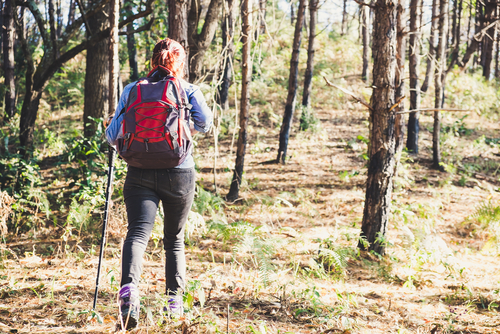 woman traveller hikes with backpack