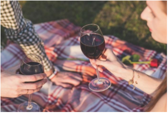 couple sitting on picnic blanket holding wine glasses